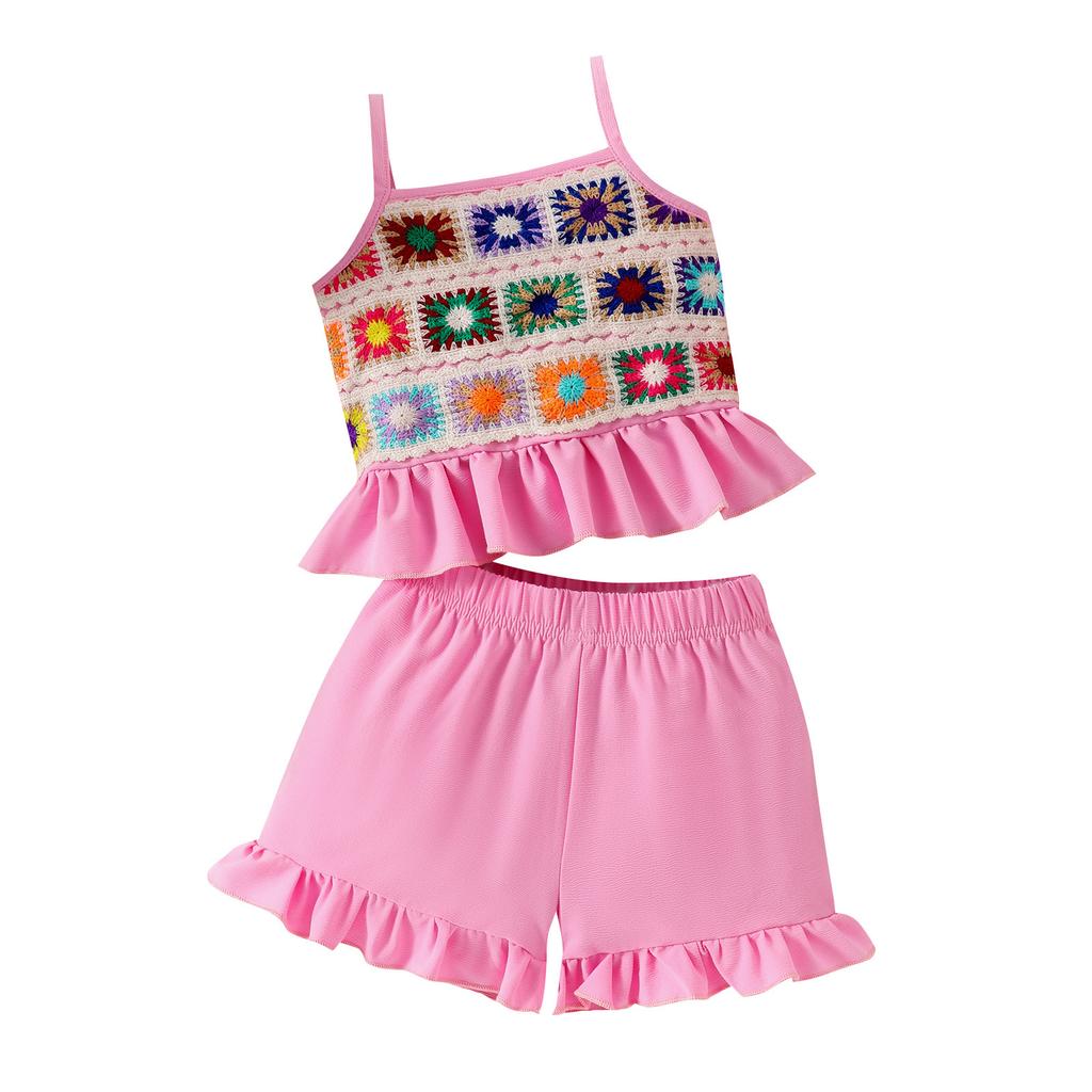 Girls Fashion Set Summer Kids Casual Halter Colored Knitted Embroidery Top + Lace Shorts Set