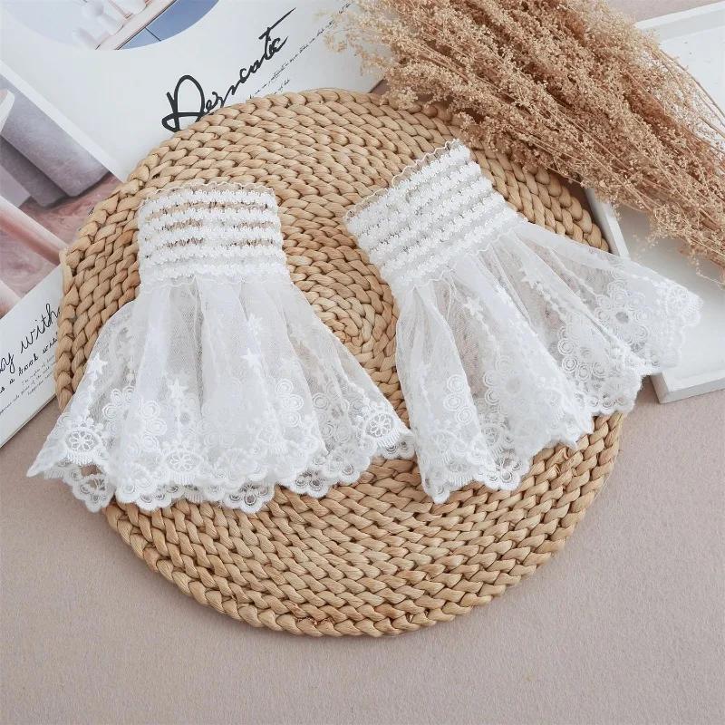 Perfect Match New White Women Lace Floral Detachable Sleeve Fake Cuffs Female Pleated Flare Sleeve False Cuffs Ruffles Wristband Decorative