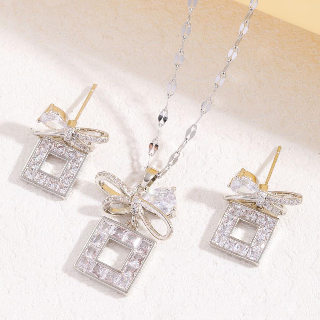 Bow Necklace Women'S Light Luxury Design Simple Ol Zircon Pendant Earrings Accessories