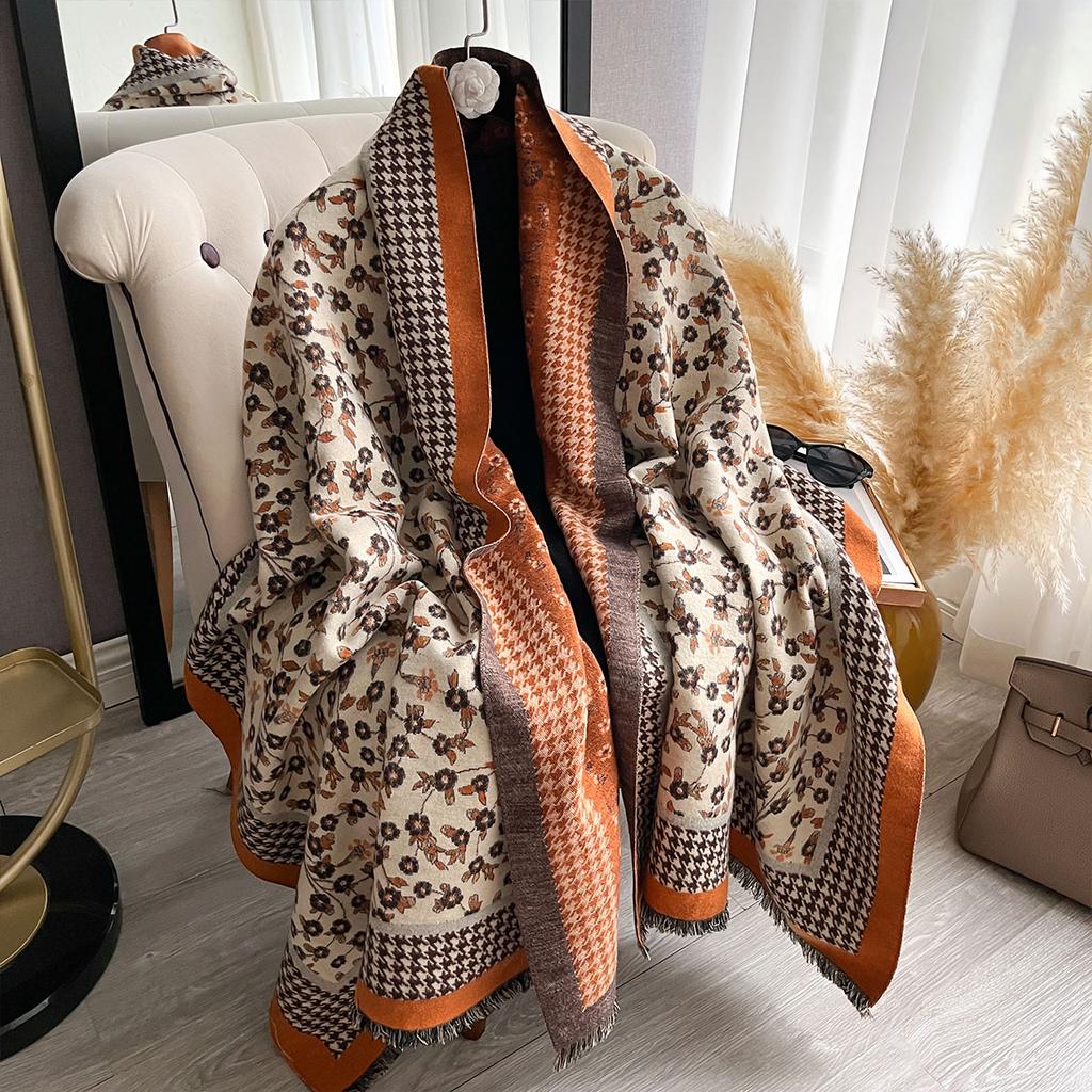 Winter Luxury Women'S Cashmere Pashmina Scarf - Floral Shawl Wrap, Thick Warm Poncho Blanket Bufanda Echarpe Femme