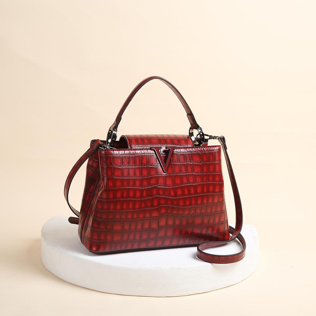 New Shiny Leather Stone Pattern Three-Dimensional Internet Celebrity Handbag Fashion Single Shoulder Crossbody Bag V-Shaped Factory Direct