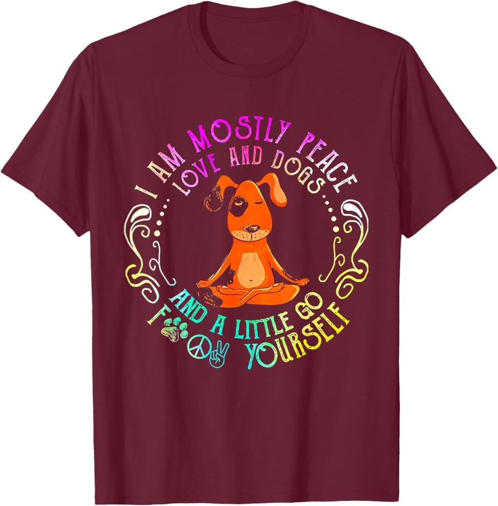 Peace Love Dogs Yoga Funny Graphic Tee Soft Cotton TShirt Casual Gift for Dog Lovers