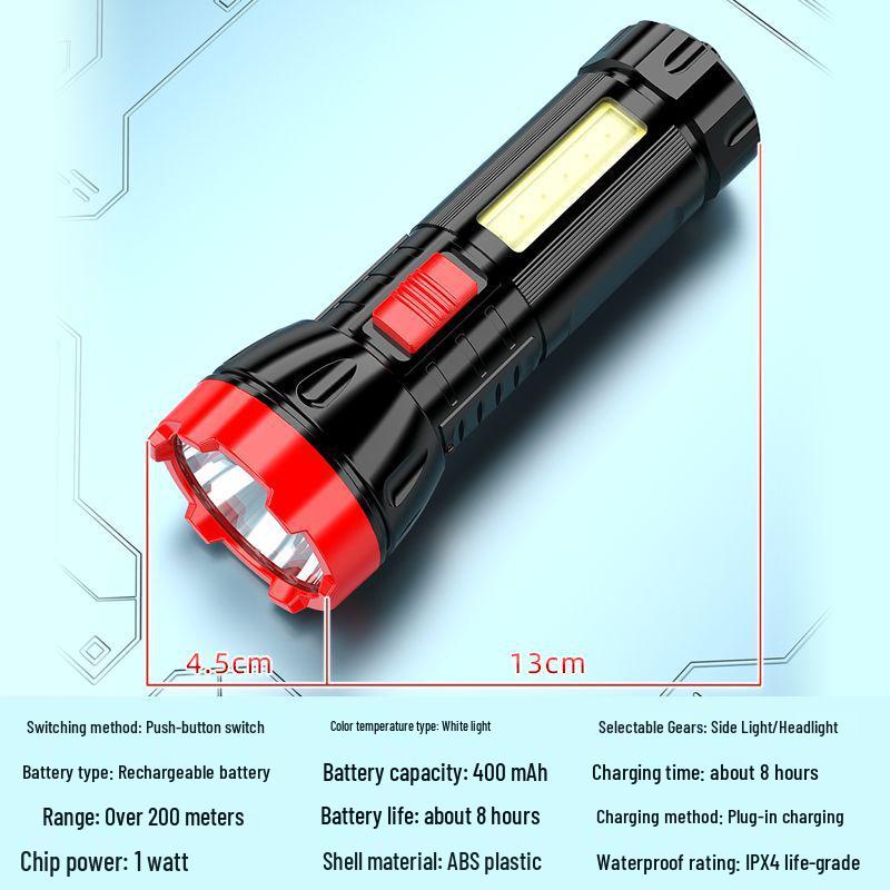 Rechargeable Super Bright Multifunctional Mini Flashlight with COB Side Light - Perfect for Outdoor, Portable, and Student Use.
