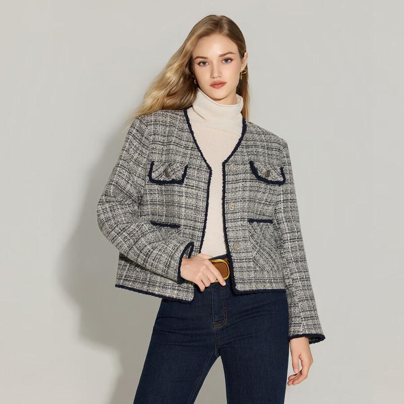 

Tatu Осень Зима Клетчатый Твидовый V-образный вырез Короткий Жакет S