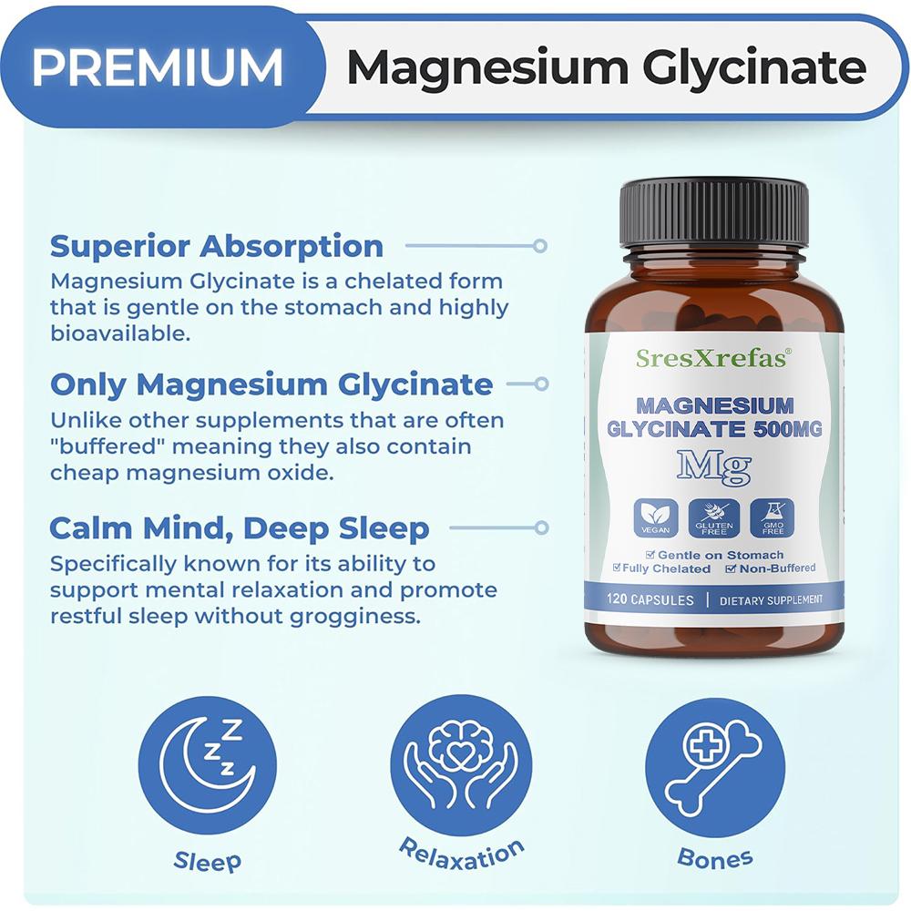 Glicinato di Magnesio 500 mg Integratore Alimentare, 120 Capsule per Flacone