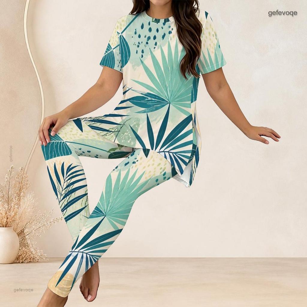 Women Plus Size Green Abstract Printed Two Piece Set Round Neck Short Sleeve Top Fitted Long Pants