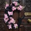 Künstlicher Blumenkranz für Herbst Halloween Schwarze Katze Halbmondkranz, Rosen Beeren Sichel Weinstock Dekorative Form Gruselig Gotisch Hängend