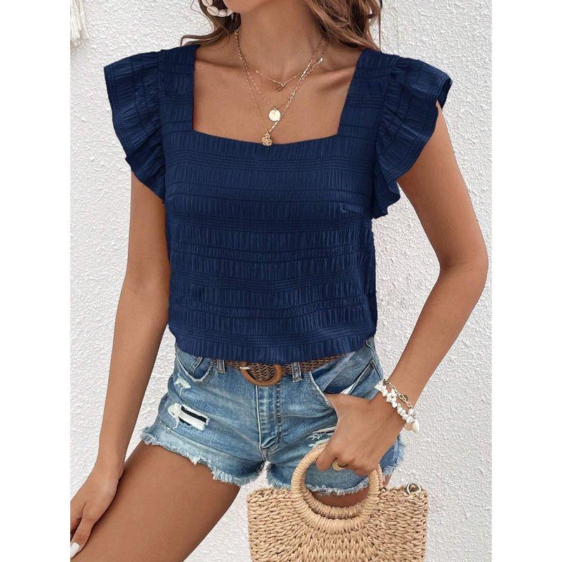 

Square Collar, Ruffled Short Sleeves Fashion Solid Color Square Collar Ruffles Women s Short Sleeve Navy blue XXL