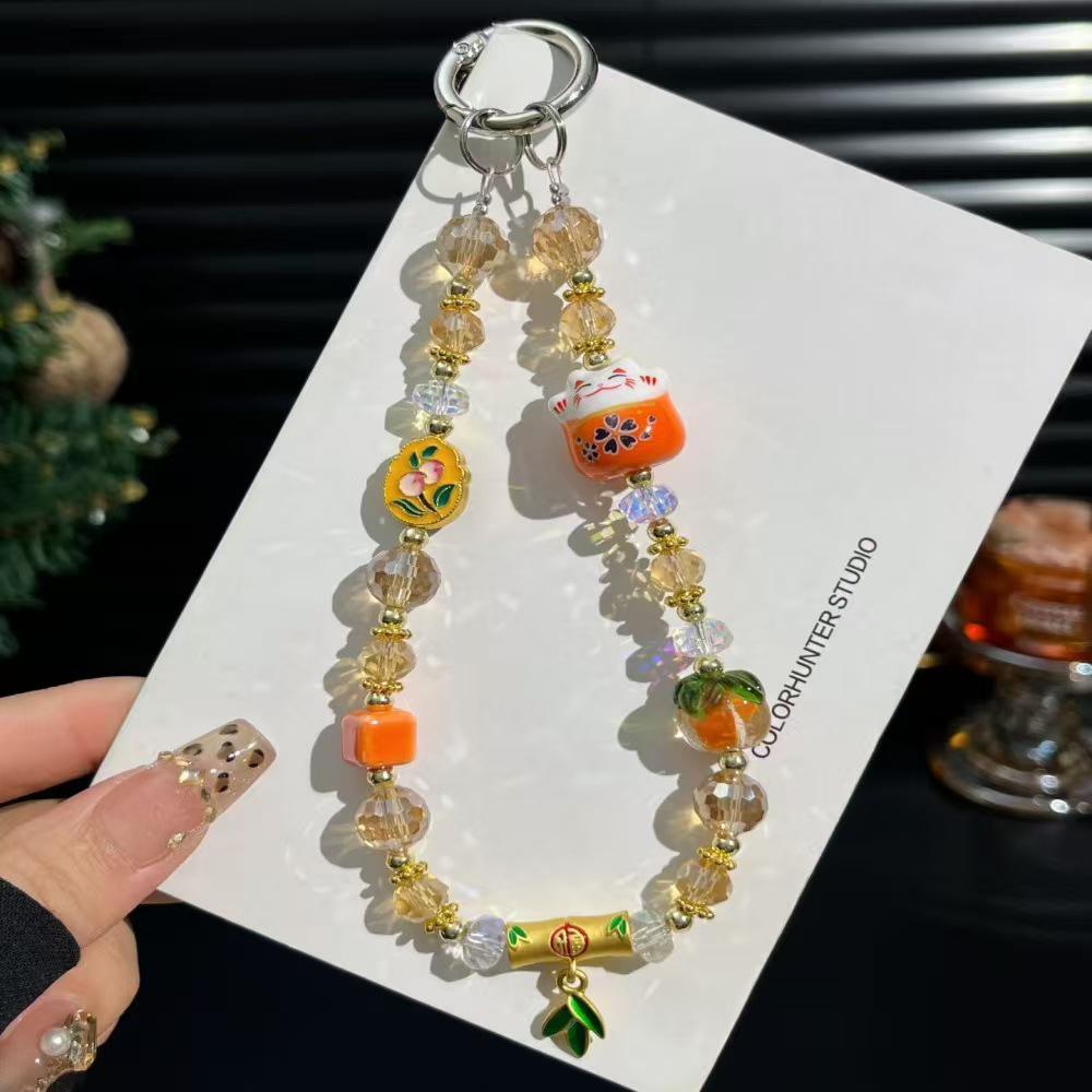 New Lucky Cat Persimmon Mobile Phone Lanyard: Chinese Style Glazed Crystal Charm for Phones, Bags, and Keyrings