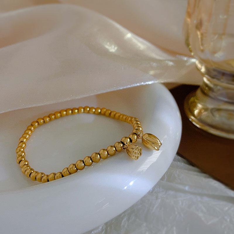 Korean Minimalist Lotus Seed Bead Bracelet for Women, 18K Gold Plated, Versatile Titanium Steel, High-End Luxury Jewelry.