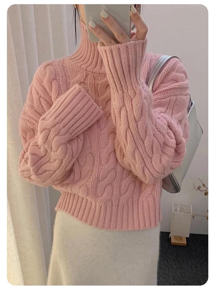 Women's High-Neck Wool Sweater - 100% Pure Wool, Cable Knit, Thick, Fashionable, Elegant Cashmere Base Layer Knitwear