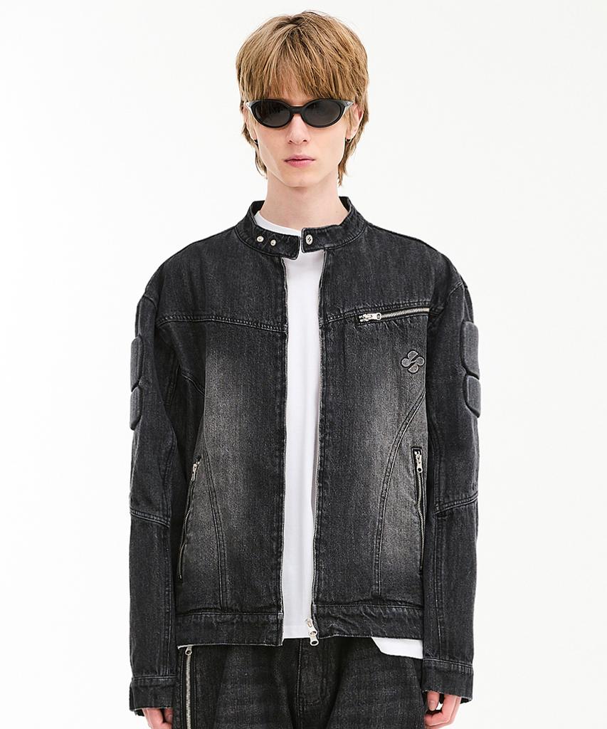Hoodhood Embossed Denim Biker Jacket Black