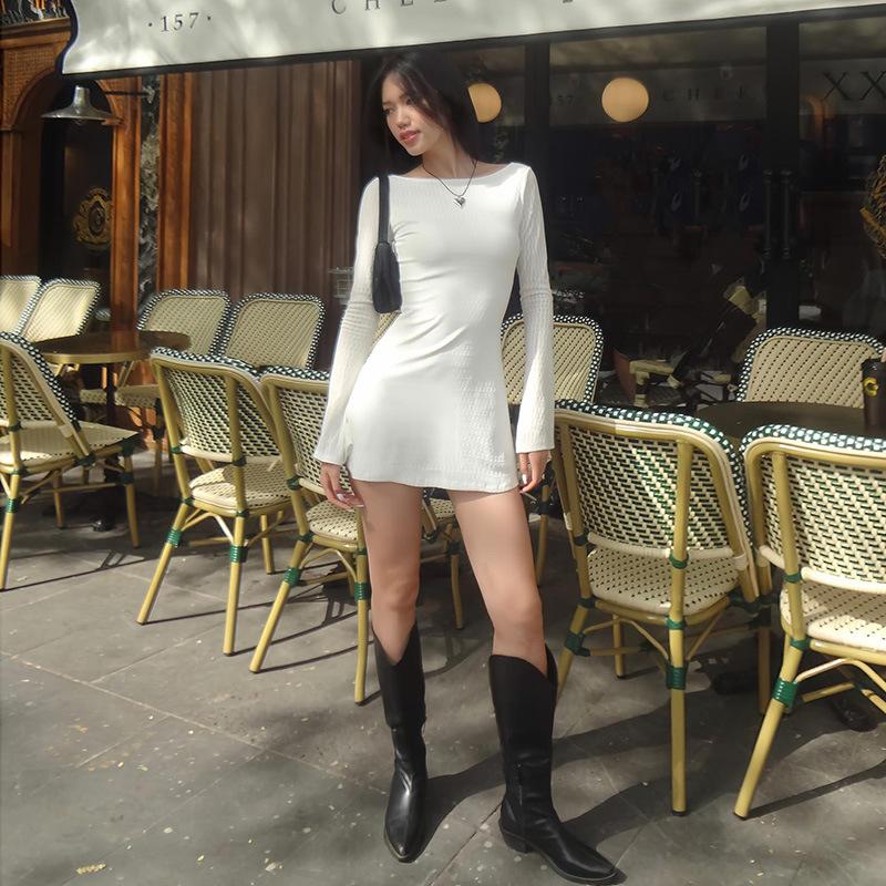 Pure Desire Style Simple Long Sleeved Dress, Spicy Girl Sexy Large Backless Waist Cinching Short Skirt