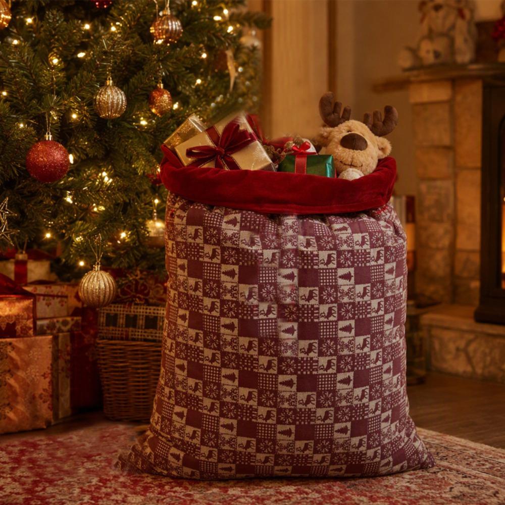 Red Velvet Cuff Christmas Gift Bag Linen Fabric Xmas Gift Bag High Quality Santa Sack Christmas