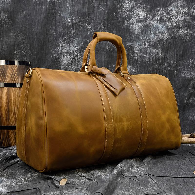 60cm Vintage Mens Leather Travel Bag Real Leather Weekender Bag Overnight Travelling Handbag For 3 Days  Business Travel