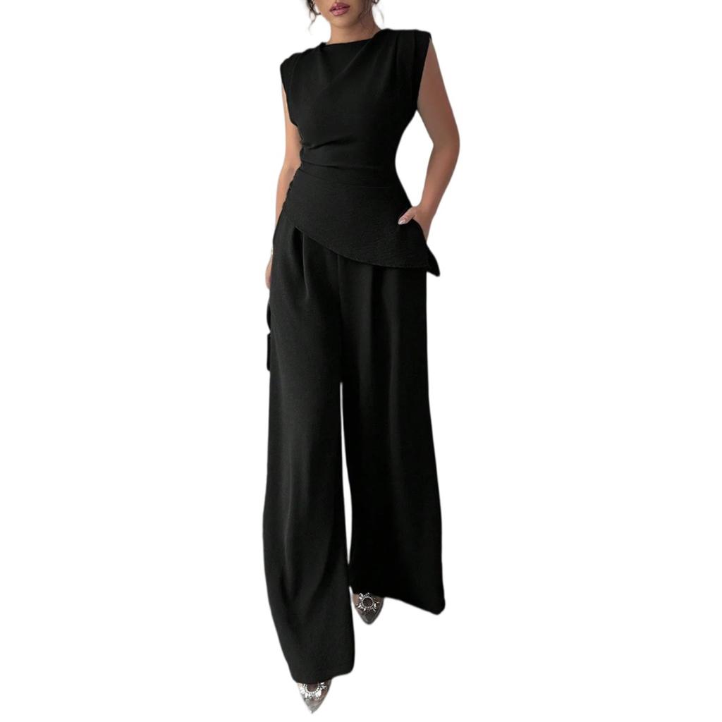 Women's 2-Piece Fashionable Casual Sleeveless Asymmetric Top And Wide-Leg Pants Set