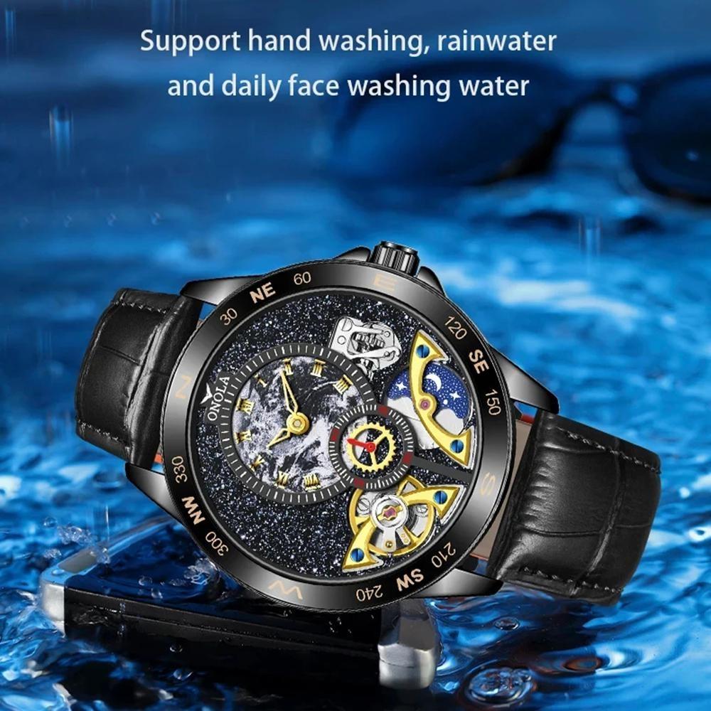 Luxury Double Tourbillon Mechanical Watch Men Business Leather Starry Sky Dial Waterproof Men Automatic Watch
