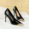 Shallow Heeled High Heels for Women, Pointed Iron Toe Decorative Super High Heels, Patent Leather Single Shoes