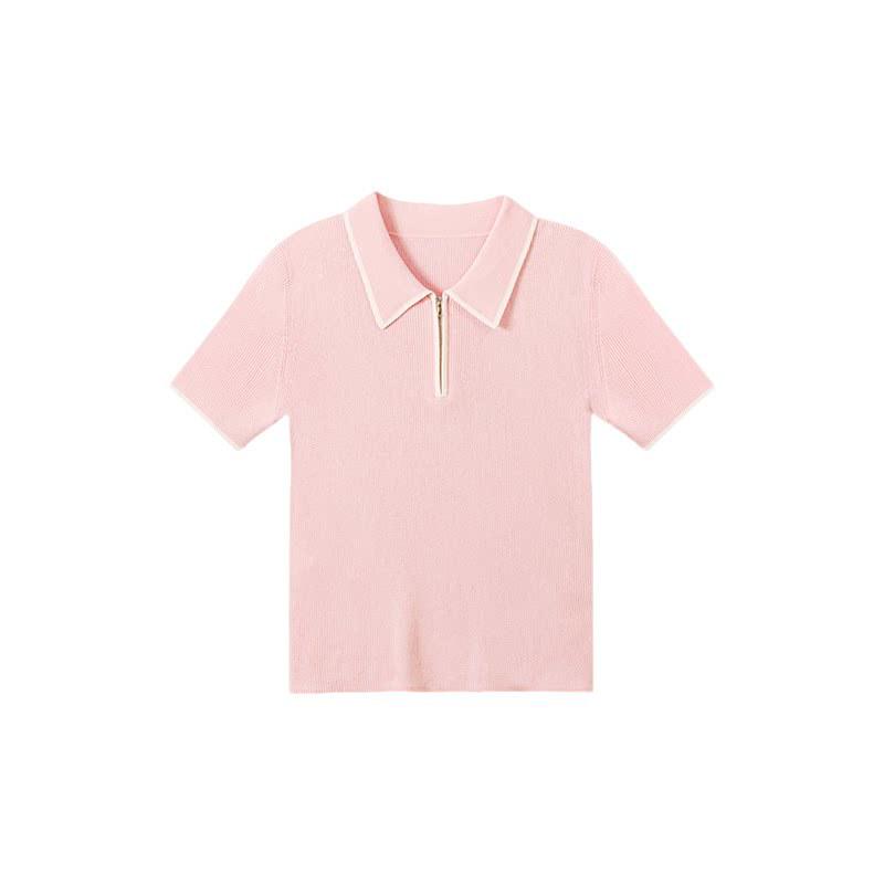Summer Color Block Polo Neck Knit: Northern Deer Lyocell-Cotton-Linen Short Sleeve