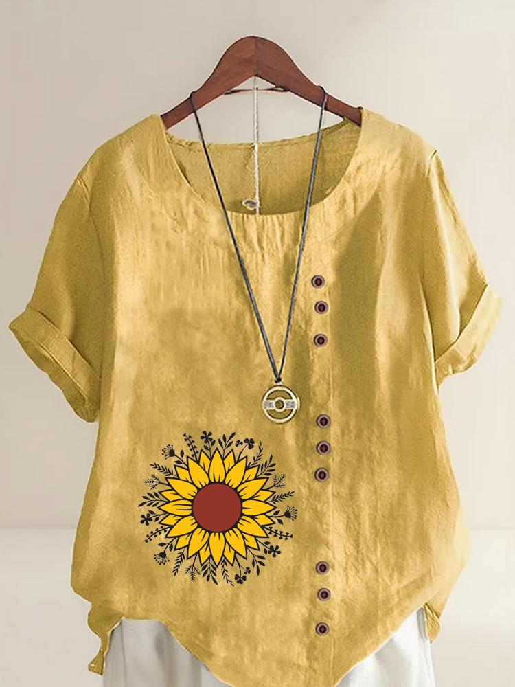 Women's Fashion Sunflower Flowers Print Shot Sleeve T-shirt Loose Cotton Shirt Casual Loose Summer Blouse Tops Plus Size