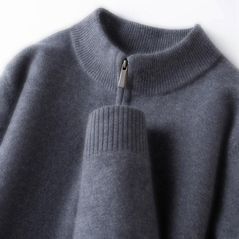 Men's Thickened 460g Cashmere Wool Sweater with Zipper, Half-High Collar, Warm Knitwear for Autumn/Winter.