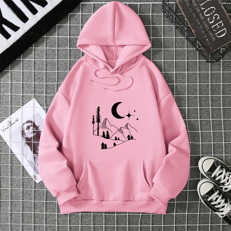 Autumn Winter Crescent Moon Pendant Printed Hoodie Sweatshirt Unisex Casual Style Top Korean Trend Couple Matching Shirt CYXX335