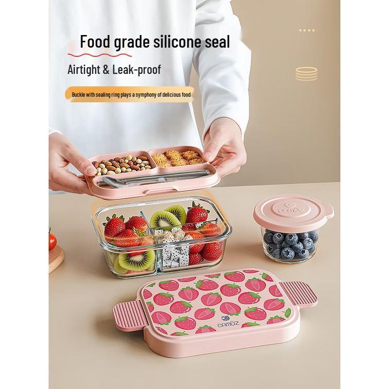 CAMUZ 1000ml 3-Compartment Glass Lunch Box with Cutlery