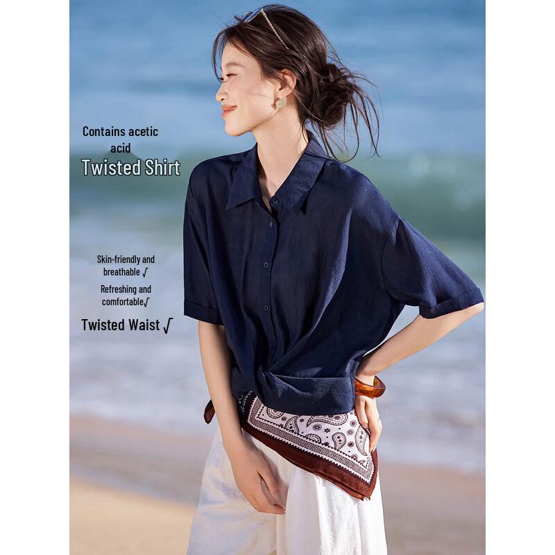 Women s Acetate Blend Asymmetric Hem Twist Knot Lapel Shirt 2XL