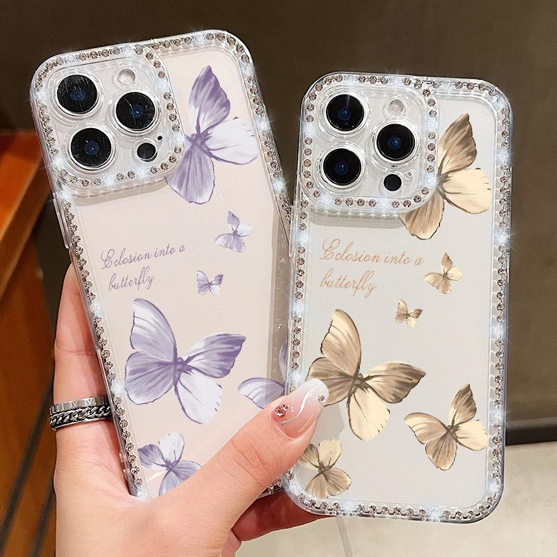 For iPhone 16 Pro 16E 15 Pro Max 14 13 12 11 Phone Case Diamond Frame Butterfly Print Clear Shockproof Soft Silicone Anti-Fall Bumper Cover