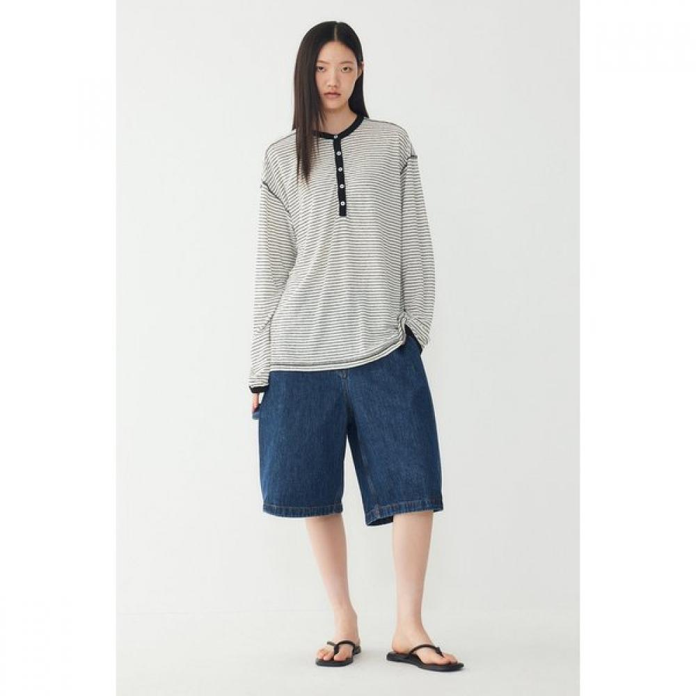 STUDIO TOMBOY Henley Neck STripe Long Sleeve T shirT 9106222221 