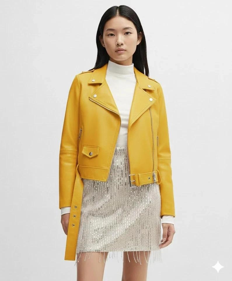 

Мотоциклетная Кожа Ручная Работа Ягненок Желтая Натуральная Куртка Женская Стильная Повседневная 3XL жёлтый