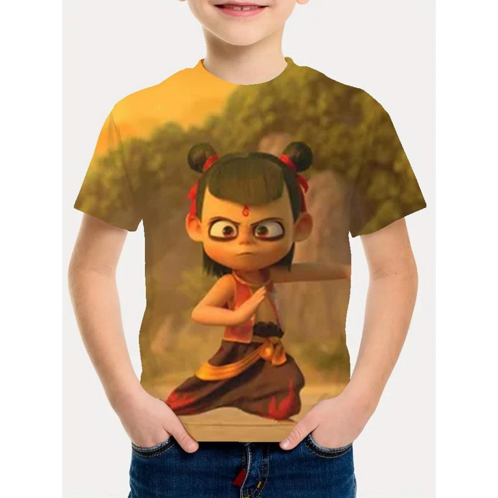 Children's Nezha Series 3D Digital Printed Boys' Fashionable and Comfortable Round Neck Short Sleeved T-shirt
