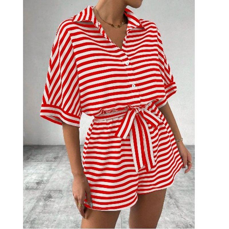 European and American Summer New Lapel Single-Breasted Stripe Print Loose Short Sleeve Wide Leg Jumpsuit Shorts Jumpsuit