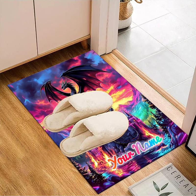 1PC Custom Name Dragon Castle Fantasy Theme Floor Mat Ideal for Living Room, Game Rooms, Office, Bedroom,Floor Mat Playful Design