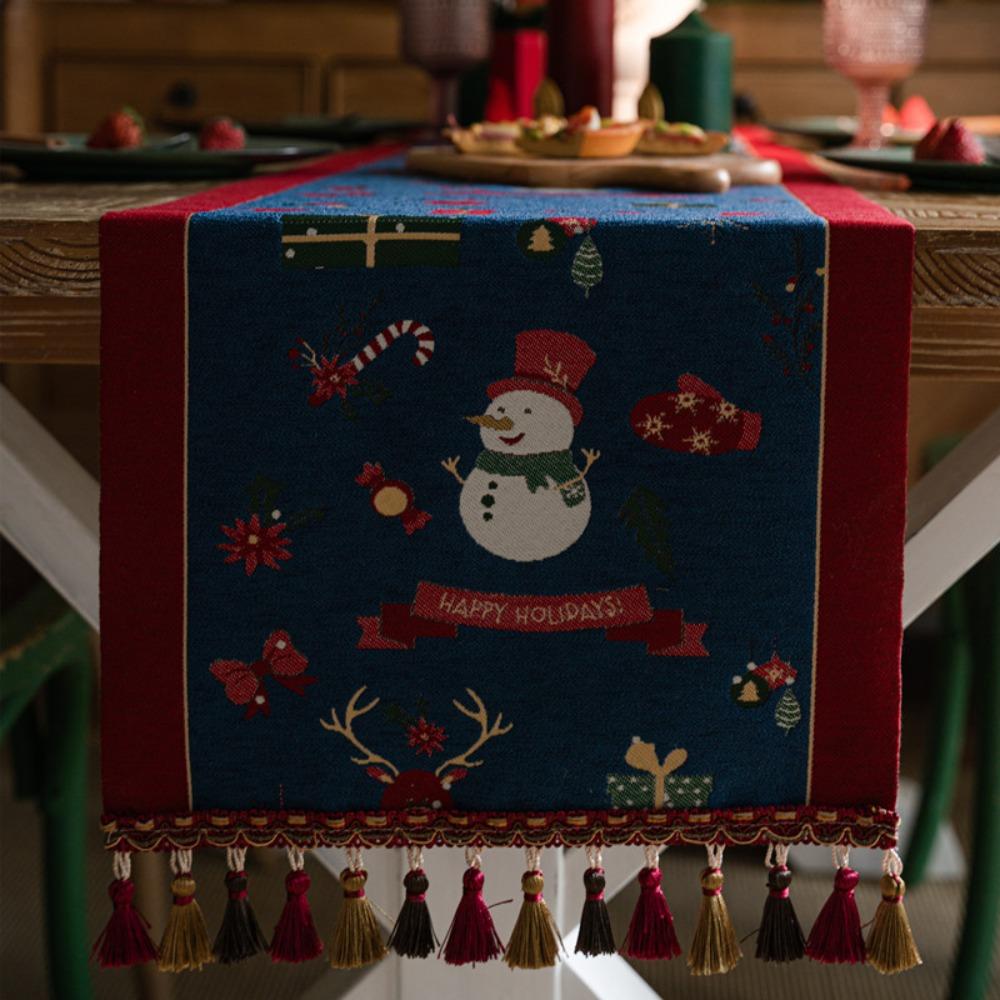 Christmas Snowman Jacquard Table Runner with Fringe Polyester Home Decor Tablecloth Bedspread
