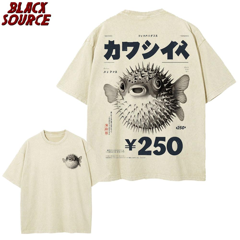 

T155 Vintage Fugu Puffer Fish Ramen T-Shirts Men Women Clothing Summer 100% Cotton Tee Shirt Fashion Crewneck Short Sleeve XXXL