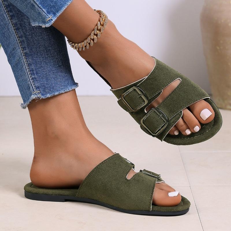 Fashion Ladies Shoes 2025 Brand Open Toe Women's Slippers Fashion Outdoor Belt Buckle Summer New Plus Size Casual Concise Flat Slippers