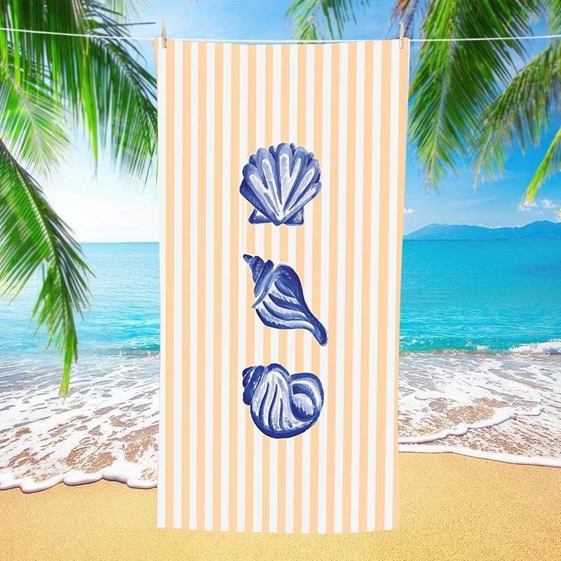 Orange White Stripe Blue Shell Beach Towel Seashell Collection Pattern Quick Dry Microfiber Towel For Summer Pool