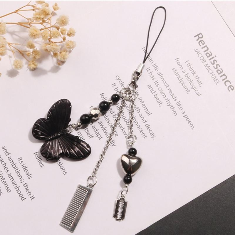Trendy Phone Lanyard Gothic Style Butterfly Heart Keychain Pendant Durable Phone Strap Portable Phone Accessory for Keys
