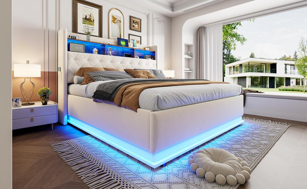 LED Gestoffeerd Bed 180 x 200 cm, Gestoffeerd Opbergbed met USB-oplaadpoort en Hydraulische Opbergruimte, Huidvriendelijke Linnen Stof, Beige