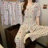 Retro Style Plaid Strawberry Cloud Cotton Pajamas Women'S Summer Short-Sleeved Short Lace Round Neck Loungewear Three-Piece Set