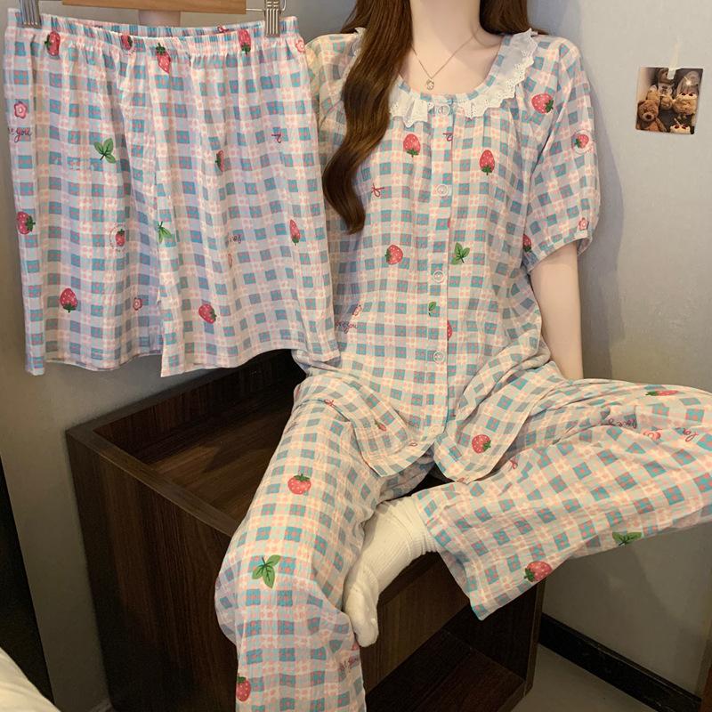 Retro Style Plaid Strawberry Cloud Cotton Pajamas Women'S Summer Short-Sleeved Short Lace Round Neck Loungewear Three-Piece Set