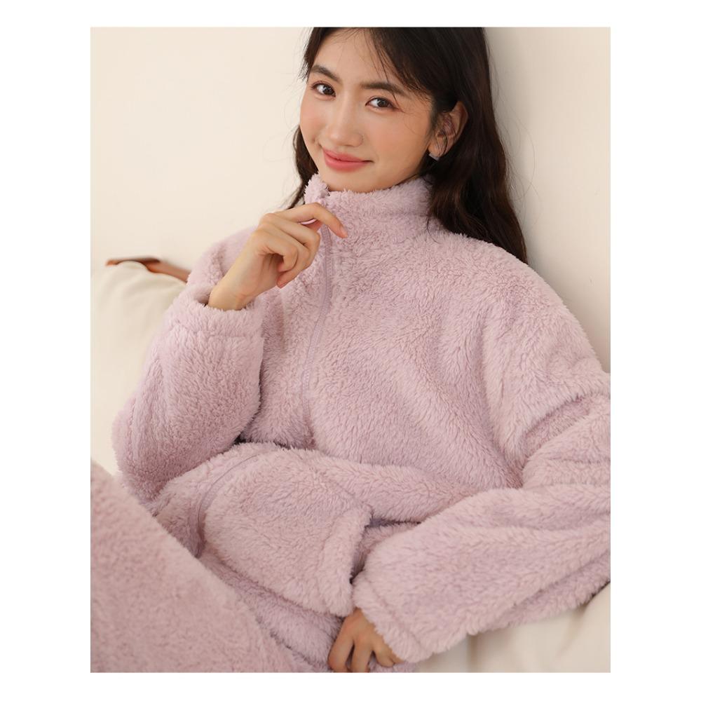 Zimní domácí oblečení dámský kardigan na zip zahuštěná bunda s vysokým límcem plyšové sametové pyžamo oboustranný fleece teplá souprava