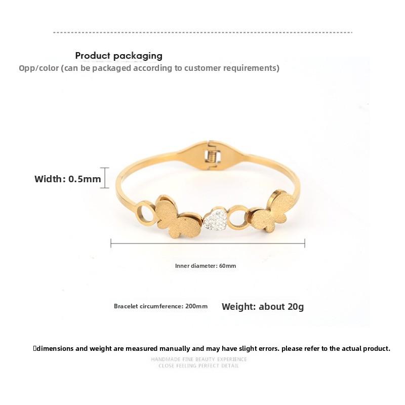 Heart-shaped diamond-studded titanium steel bracelet, double-sided brushed butterfly stainless steel bracelet, women's gold bracelet