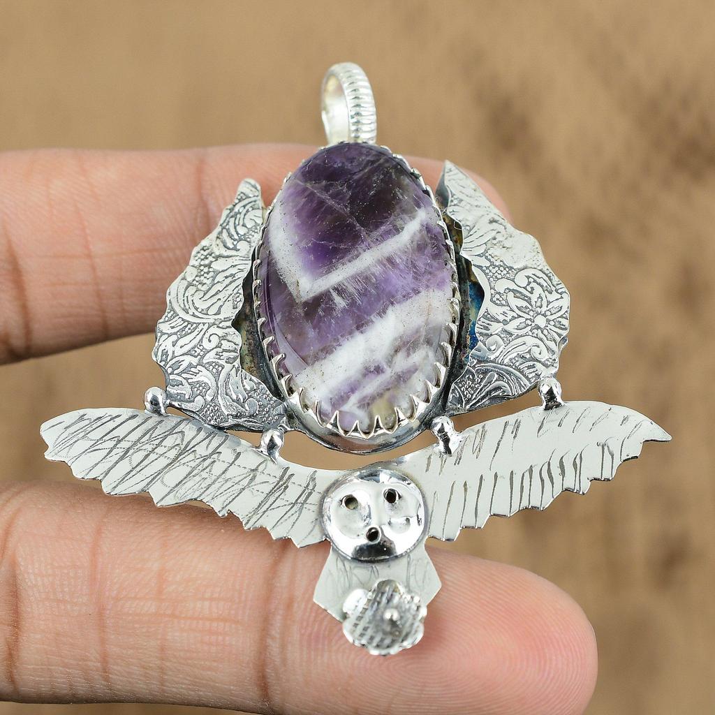 Gift For Her 925 Sterling Silver Natural Chevron Amethyst Gemstone Pendant Owl