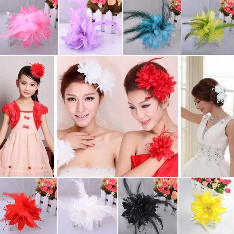 Women's Fashion Flower Feather Bead Corsage Hair Clip Bridal Hairband Brooch Pin Brida Barrettes Hair Mesh Accessories Jewelry