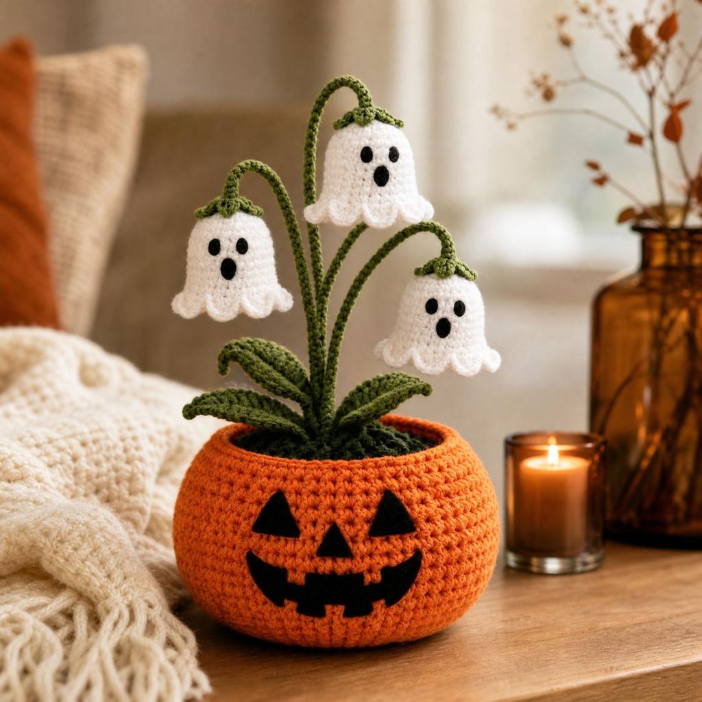 Knitted Halloween Potted Plant Decor, Ready to Display Tabletop Decoration for Seasonal Home