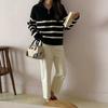 Korean Style Retro Half-Zip Striped Sweater for Women - 2026 Autumn New Arrival Knitwear Pullover