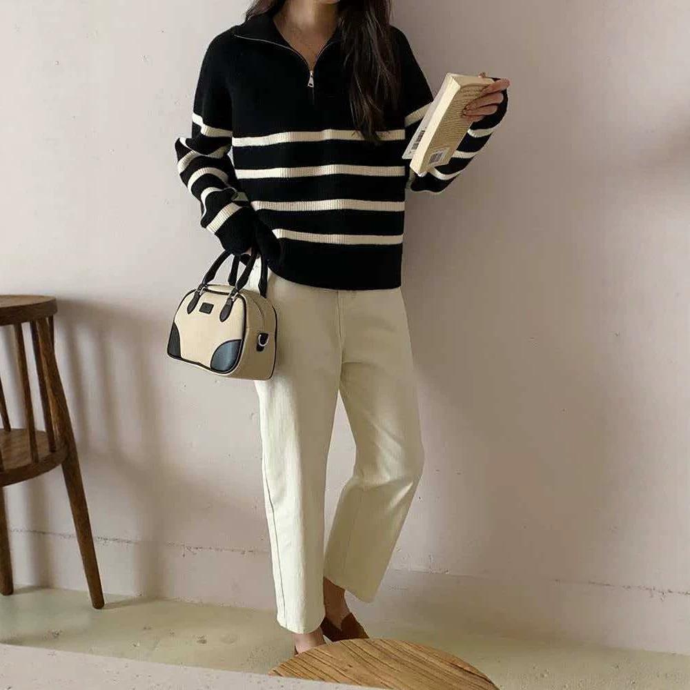 Korean Style Retro Half-Zip Striped Sweater for Women - 2026 Autumn New Arrival Knitwear Pullover