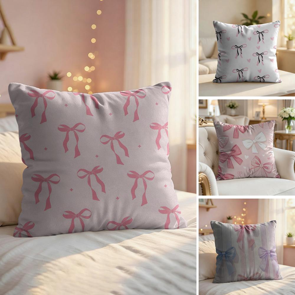 Pink Bow Cushion Cover Natural Linen Organic Fabric DoubleSided Printing Couch Pillow Covers Home Decor